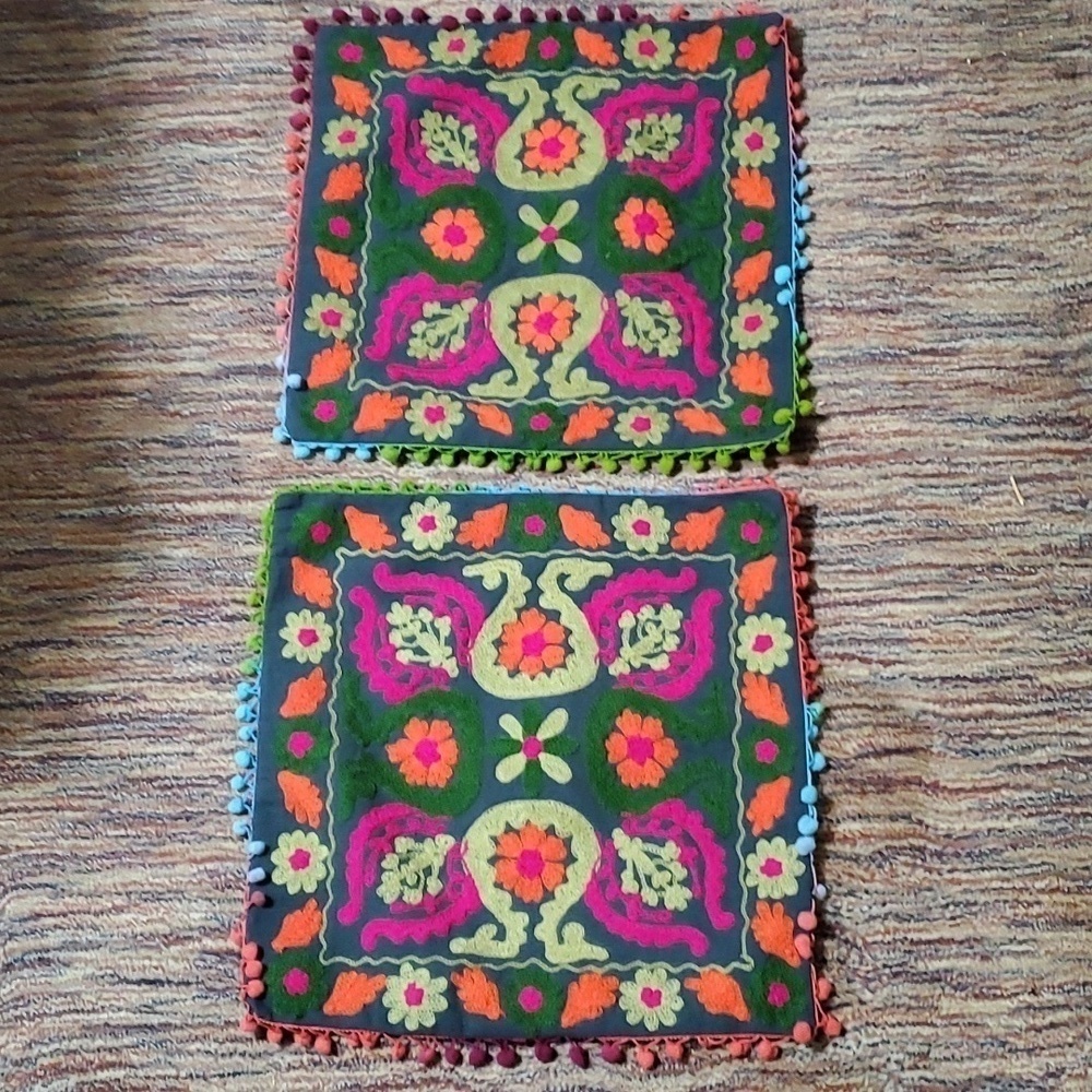 Bohemian Embroidered Accent Pillowcases 16 x 16 inches